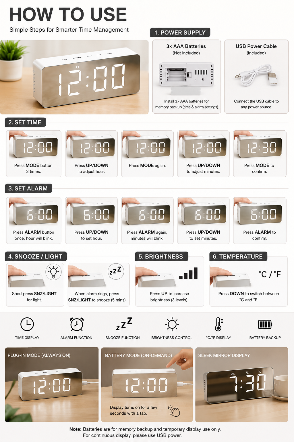 LED Mirror Digital Alarm Clock