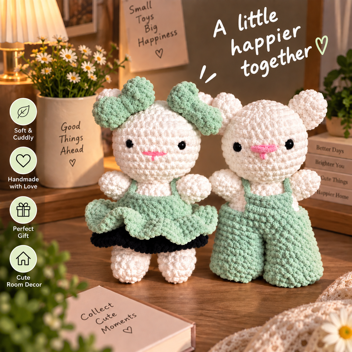 Crochet Couple Dolls – Handmade Cute Couple Plushies (Mint Green)