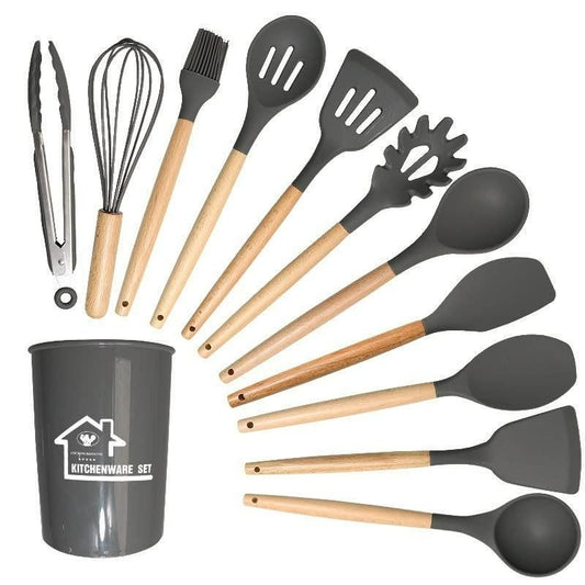 Premium silicone kitchen Utensil Set with Wooden Handles.