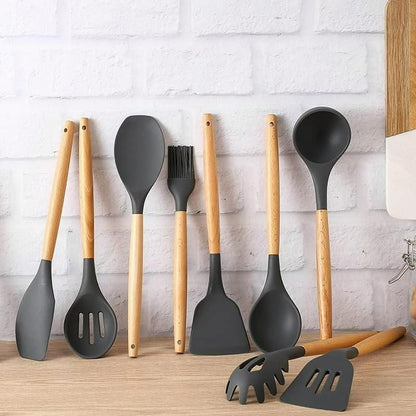 Premium silicone kitchen Utensil Set with Wooden Handles.