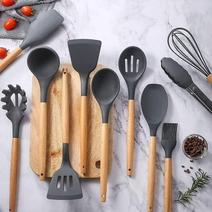 Premium silicone kitchen Utensil Set with Wooden Handles.
