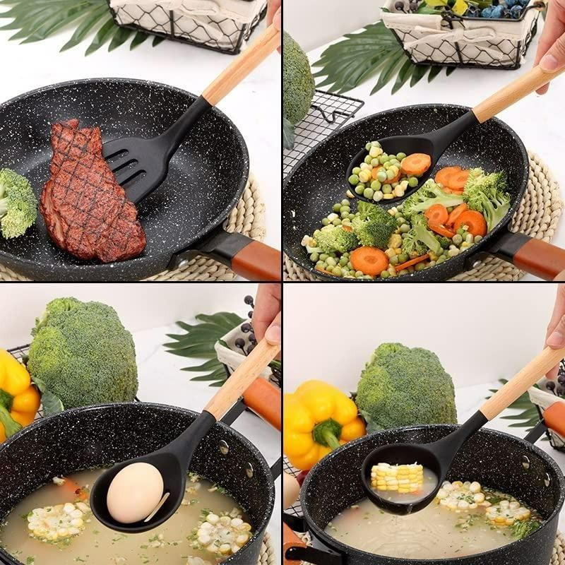Premium silicone kitchen Utensil Set with Wooden Handles.