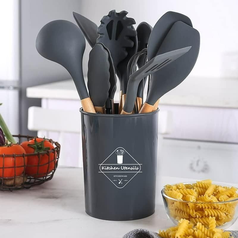 Premium silicone kitchen Utensil Set with Wooden Handles.