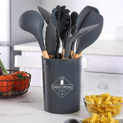 Premium silicone kitchen Utensil Set with Wooden Handles.