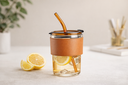 Kosh 435ML Glass Tumbler with Lid & Straw | Reusable Coffee Cup for Hot & Cold Drinks