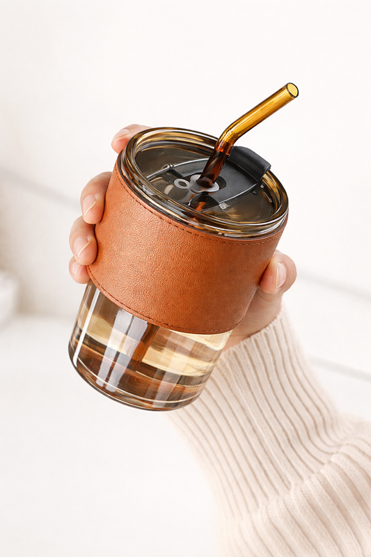 Kosh 435ML Glass Tumbler with Lid & Straw | Reusable Coffee Cup for Hot & Cold Drinks