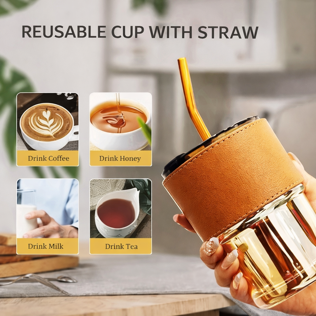 Kosh 435ML Glass Tumbler with Lid & Straw | Reusable Coffee Cup for Hot & Cold Drinks
