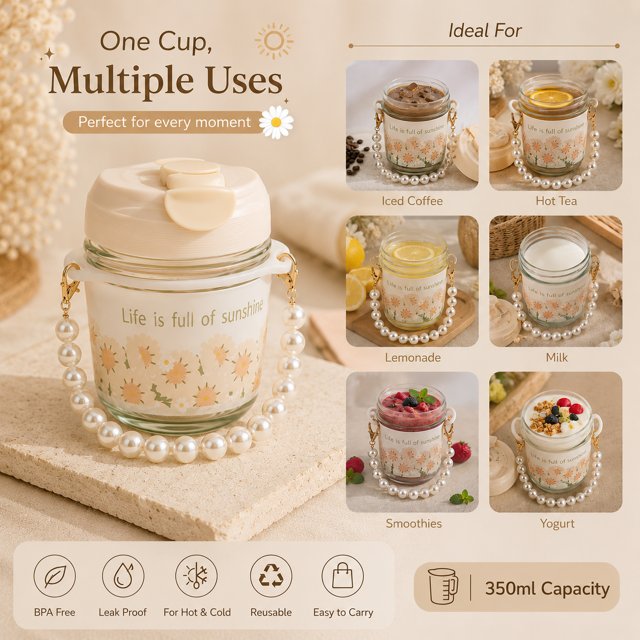 Pearl Chain Glass Tumbler - 350 ML