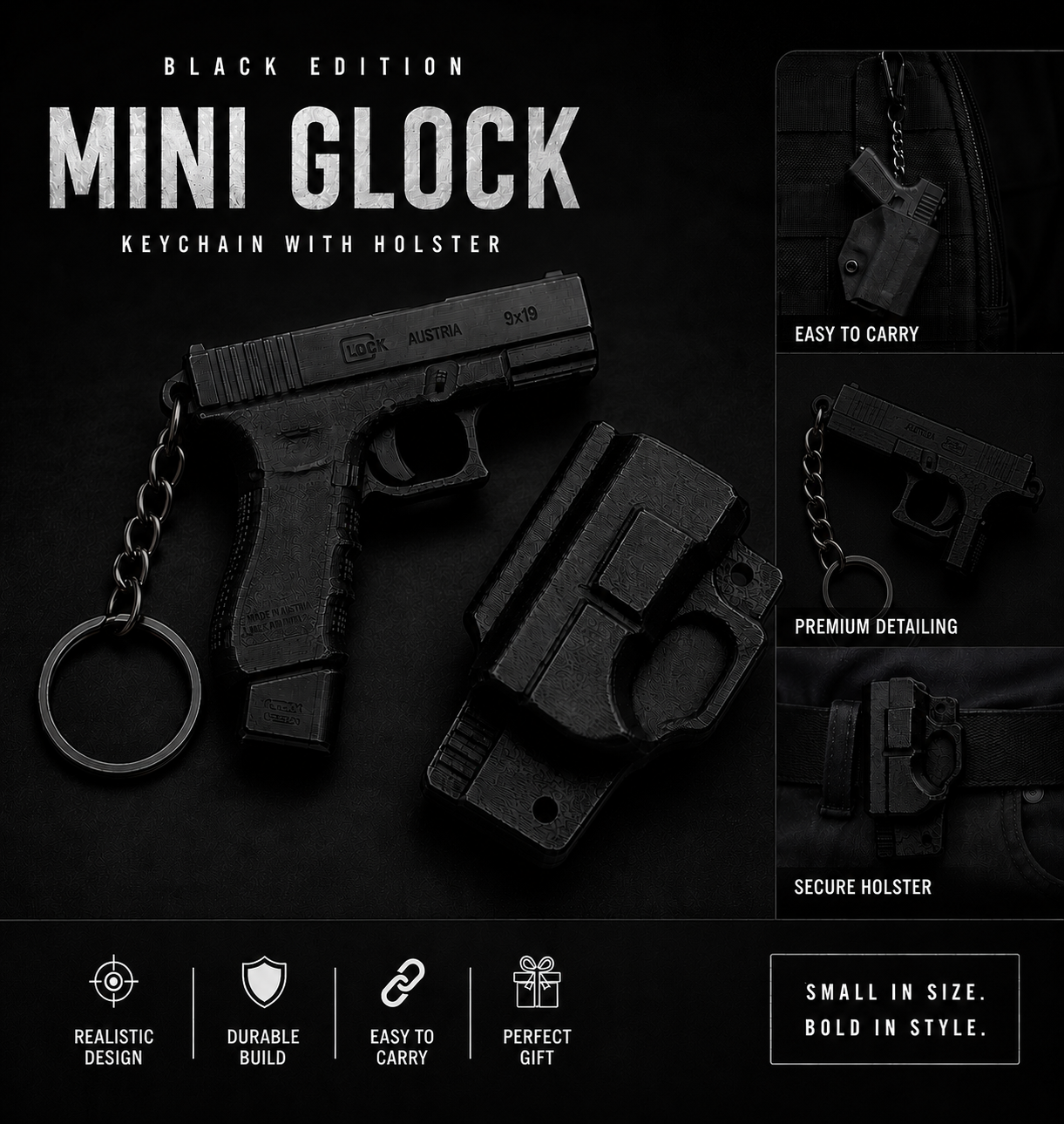Mini Glock Keychain with Holster – Black Edition
