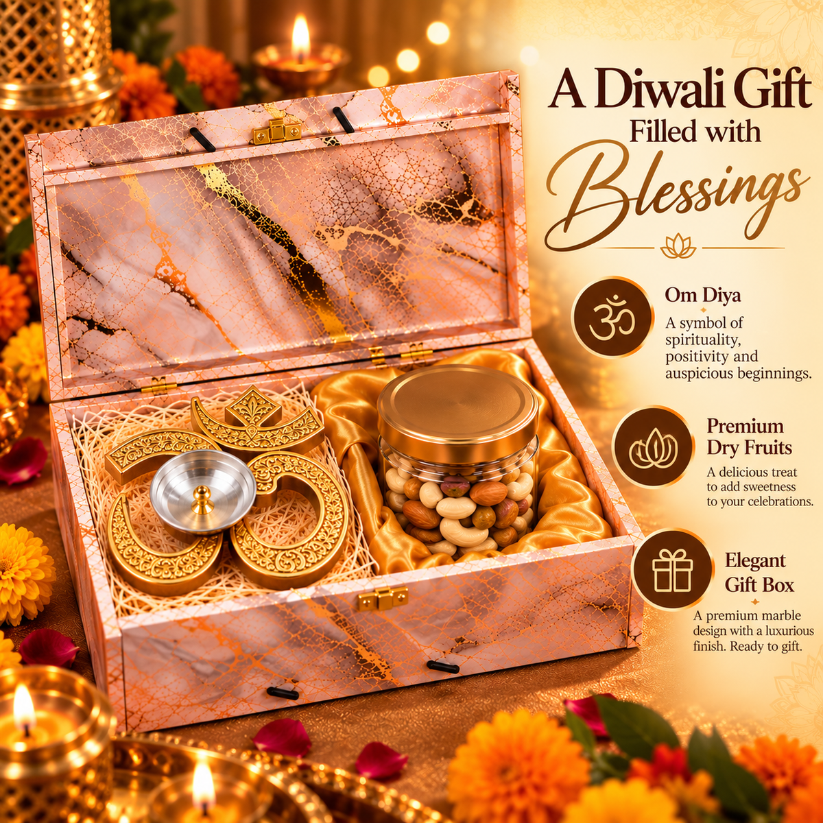 Premium Diwali Gift Hamper – Om Diya & Dry Fruits