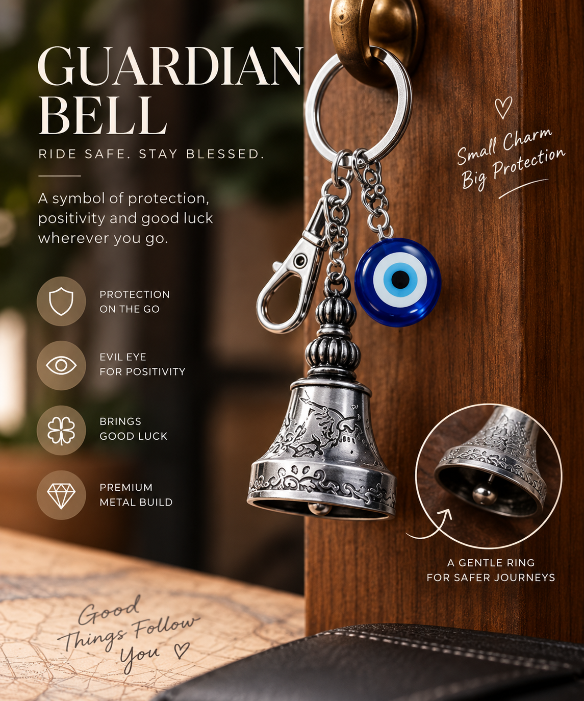 Guardian Bell Keychain with Evil Eye Charm