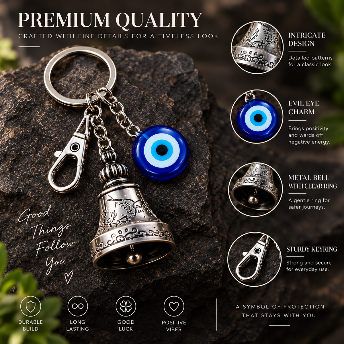 Guardian Bell Keychain with Evil Eye Charm