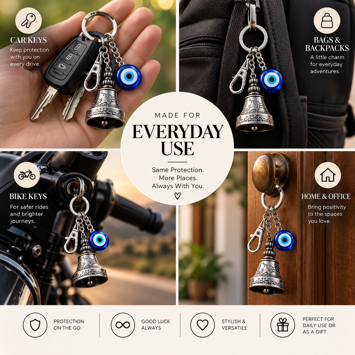 Guardian Bell Keychain with Evil Eye Charm