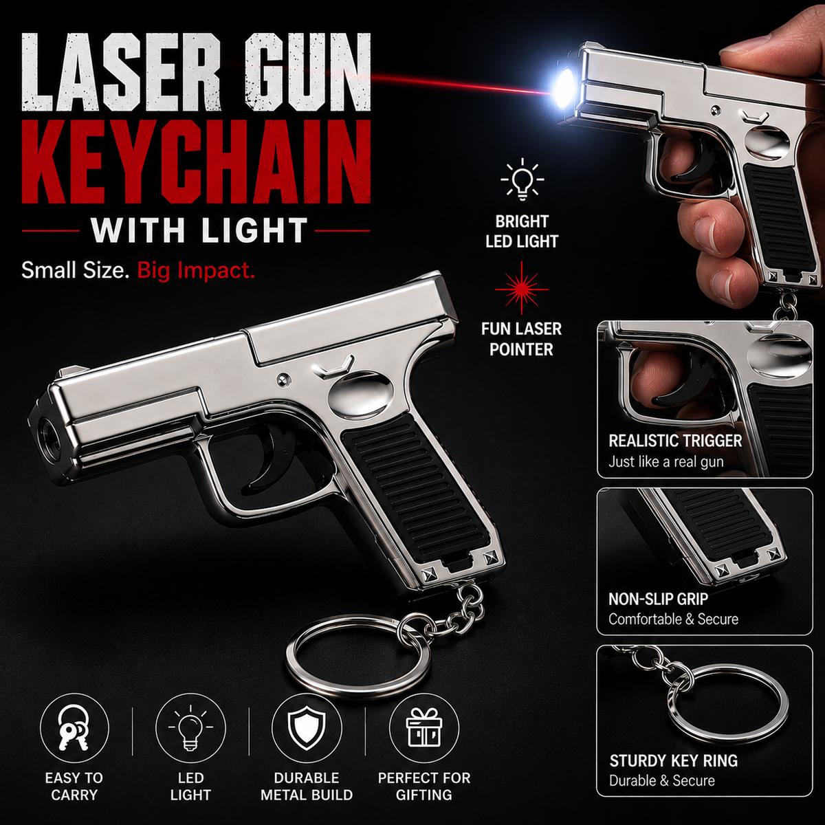 Laser Gun Keychain with LED Light & Whistle