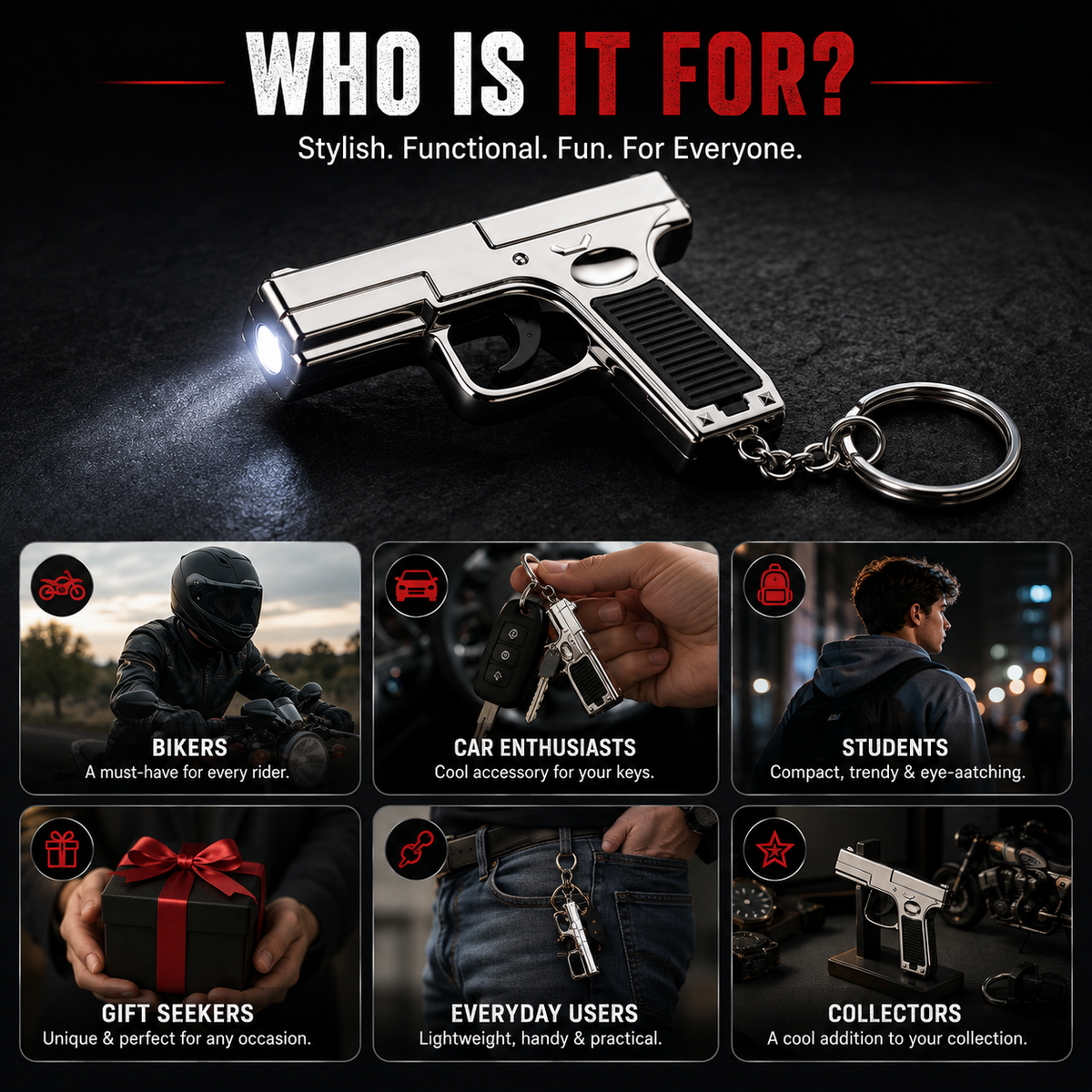 Laser Gun Keychain with LED Light & Whistle