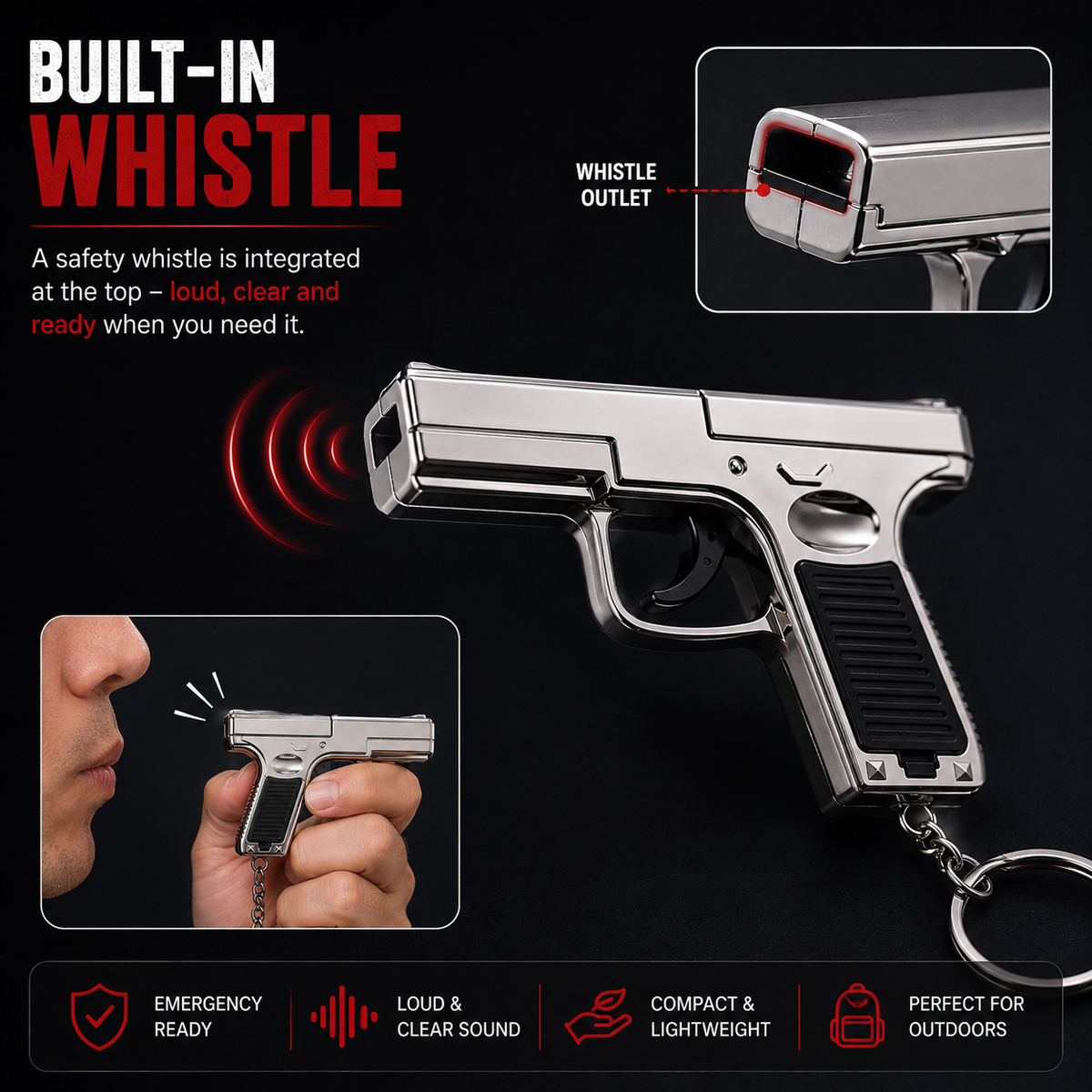 Laser Gun Keychain with LED Light & Whistle