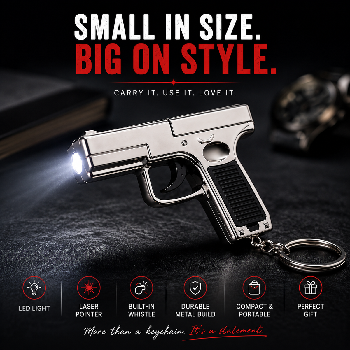 Laser Gun Keychain with LED Light & Whistle