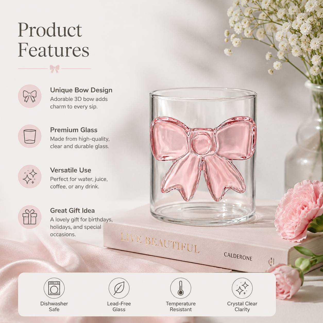 Pink Bow Aesthetic Glass Cup