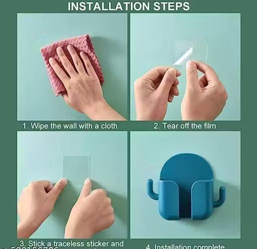 Self-Adhesive Wall Mount Mobile Holder & Charging Stand with 2 Hooks – Pack of 4 (Assorted Colors)