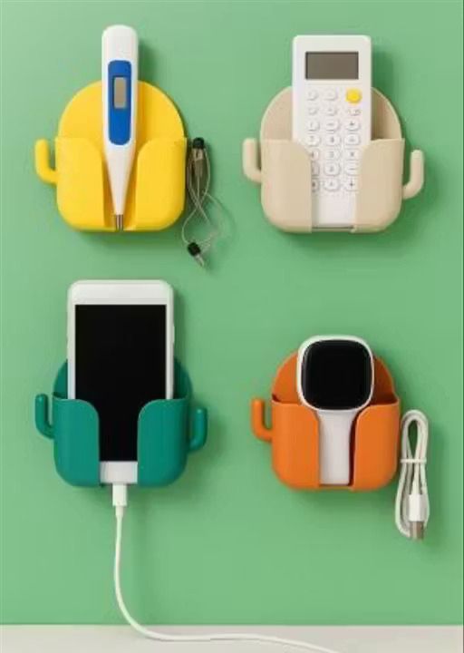 Self-Adhesive Wall Mount Mobile Holder & Charging Stand with 2 Hooks – Pack of 4 (Assorted Colors)