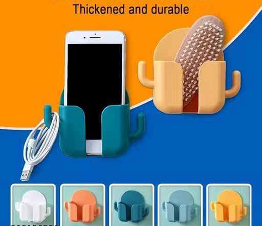 Self-Adhesive Wall Mount Mobile Holder & Charging Stand with 2 Hooks – Pack of 4 (Assorted Colors)
