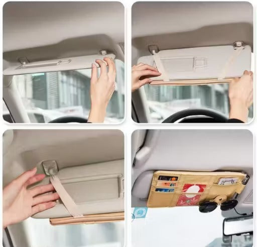 Car Sun Visor Organizer with Zipper Net & Multi-Pockets – Sunglass, Card & Document Holder
