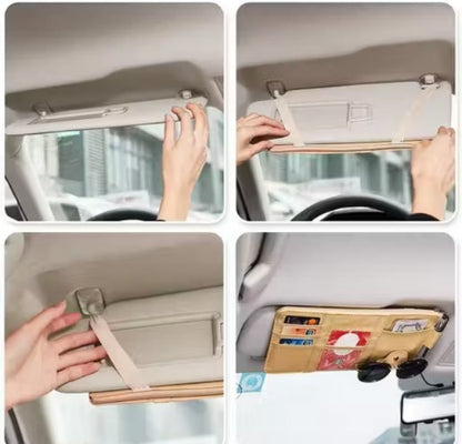 Car Sun Visor Organizer with Zipper Net & Multi-Pockets – Sunglass, Card & Document Holder