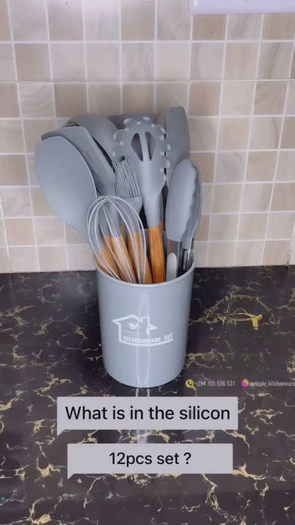 Premium silicone kitchen Utensil Set with Wooden Handles.